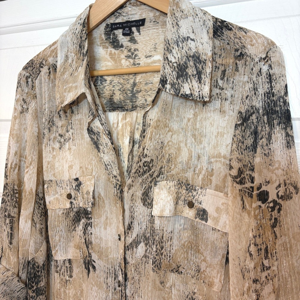Sara Michelle Womens 2X Button Up Sheer Blouse Metallic Abstract Print Tan